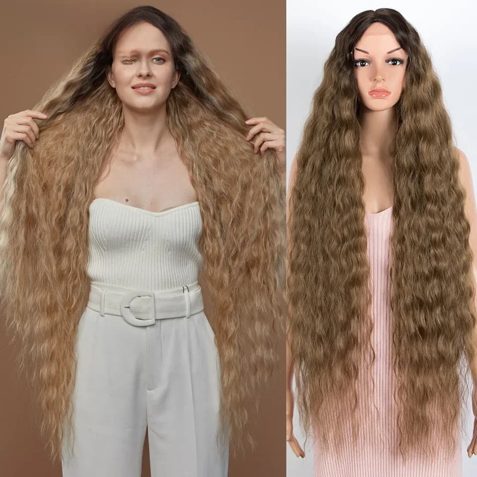Perruques synthétiques Cosplay vague lâche cheveux avant de lacet perruques pour femmes Ombre brun vague d'eau 42 pouces ​ Perruque résistante à la chaleur pour cheveux bouclés