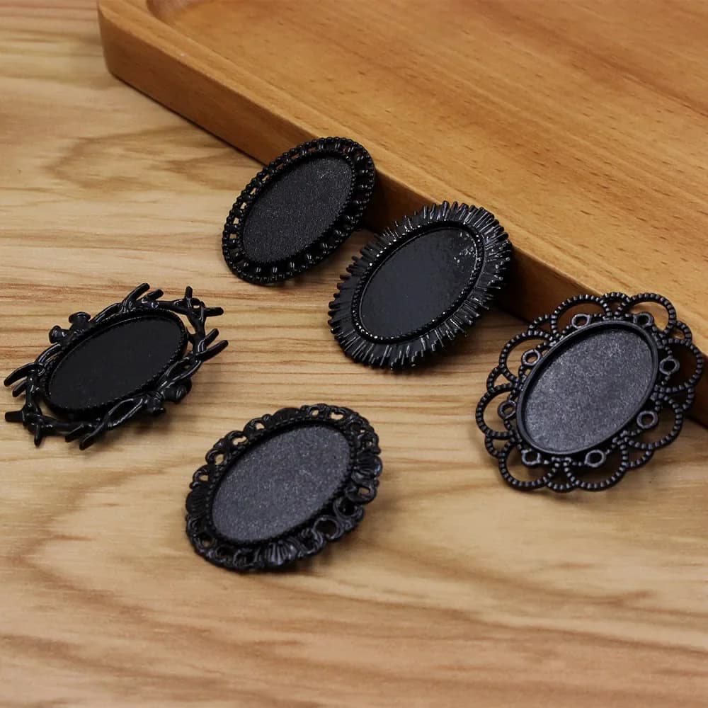 Cabochons promenales Vintage en Verre Noir, Cadre Vierge, Base de Lunette, Paramètres de Broche pour Bricolage, 5 Pièces, K06235, 18x25mm