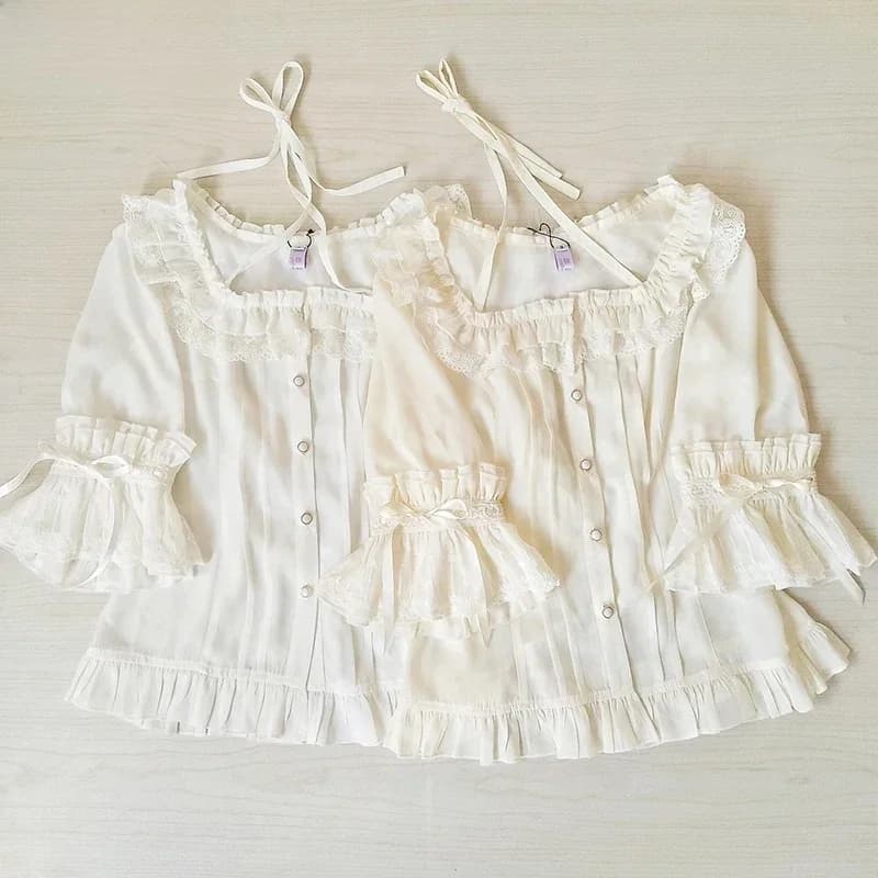 Chemise en mousseline de soie à volants et manches courtes, chemisier Lolita croisé, doux