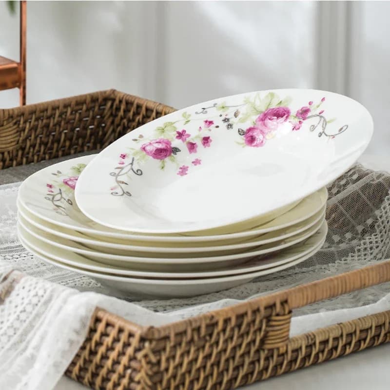 Assiettes en porcelaine Wourmth, design floral rustique créatif, assiette à steak occidentale, assiette à soupe coréenne 8'10', plat profond, utilisable au micro-ondes