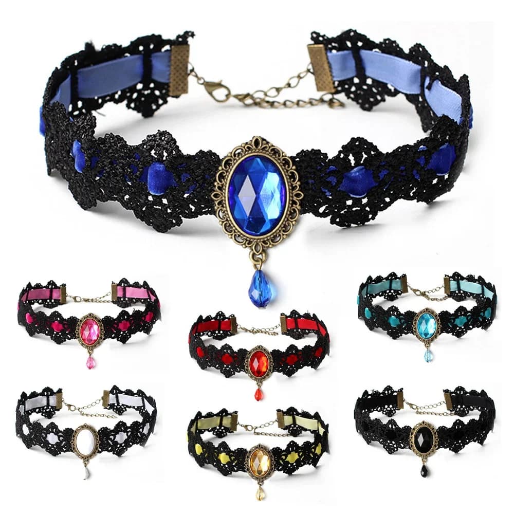 Collier ras du cou Vintage en dentelle noire pour femmes, style bohémien, pompon, chaîne de clavicule, gothique, Punk, cristal, bijoux, accessoires de fête