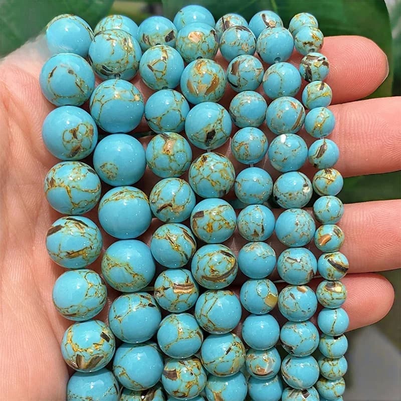 Perles rondes turquoises en coquillage bleu lac, pierre naturelle pour la fabrication de bijoux, collier et Bracelet faits à la main, 15 pouces, 4/6/8/10/12mm