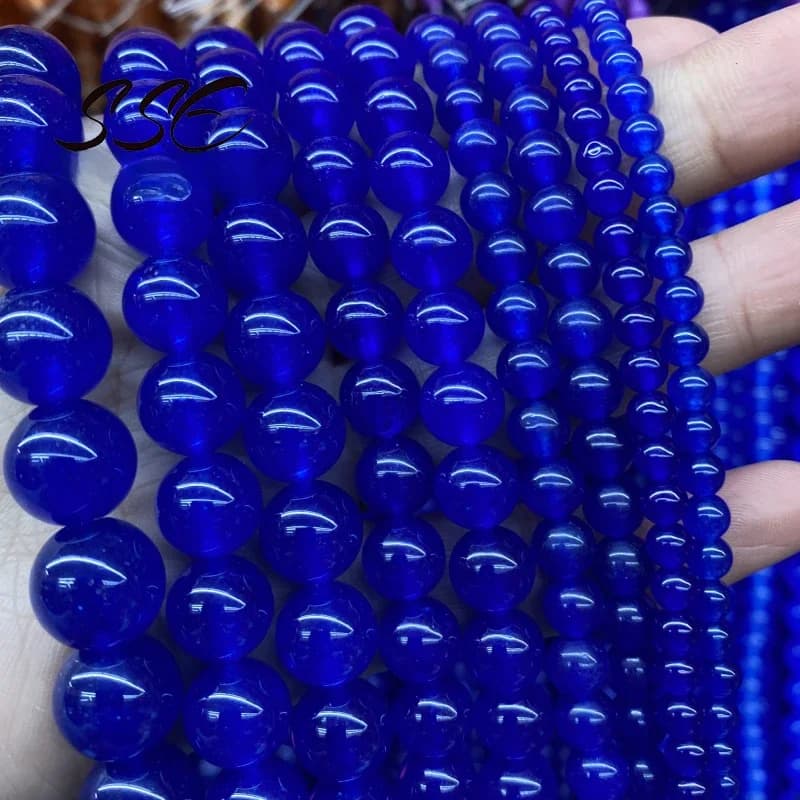 Perles en pierre naturelle, Jades bleu foncé, calcédoine, rondes, amples, pour la fabrication de bijoux, Bracelets à faire soi-même, 4 6 8 10 12 14mm 15''