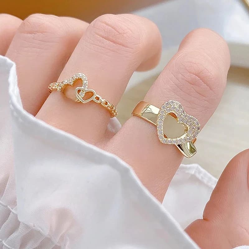 Bague plaquée or véritable 14 carats pour femme, forme de coeur d'amour, conception ouverte, 3 couches, bijoux mignons, accessoires pendentif, mode simple