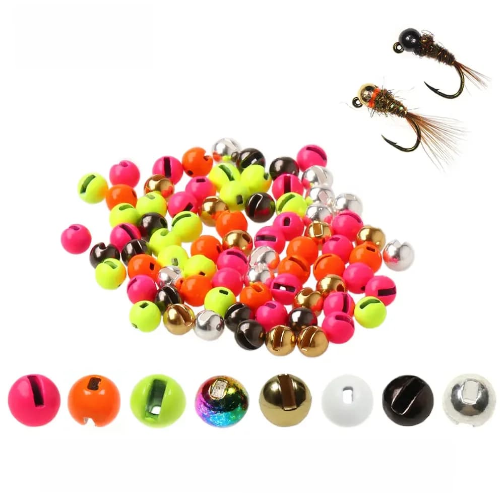 Bimoo 20 pièces 2.5mm ~ 5.5mm perles en alliage de tungstène à fente matériel d'attache de mouche pour Jig nymphe coulant rapide leurres de pêche à la truite à la mouche humide