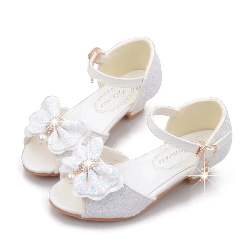 Chaussures de princesse brillantes pour filles, talons hauts, chaussures en cuir blanches, sandales de Performance à paillettes avec nœud papillon, nouvelle collection été