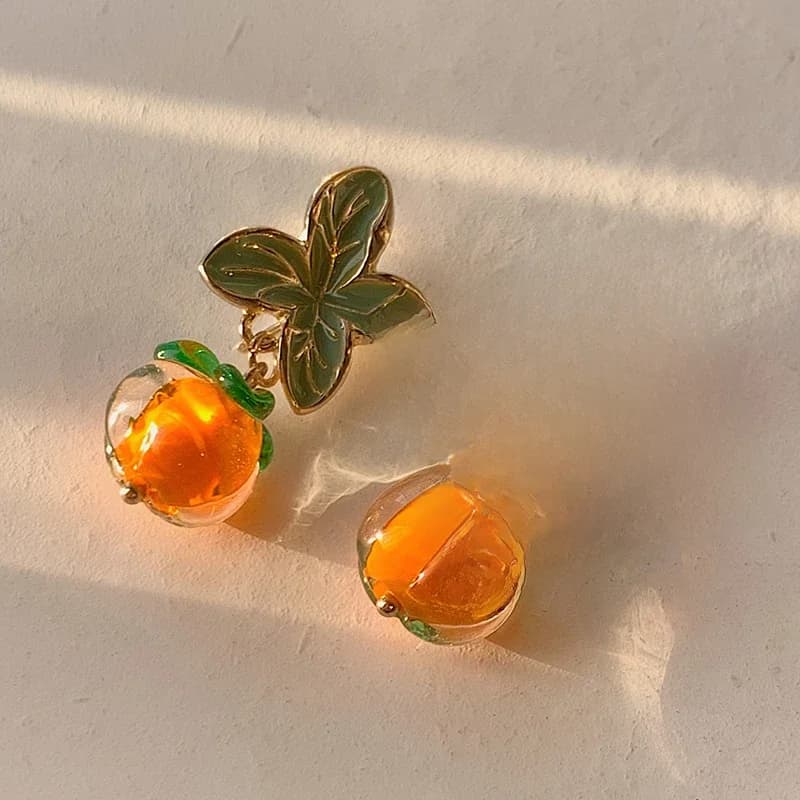 Boucles d'oreilles créatives en forme de kaki et de feuille de fleur pour femmes, couleur Orange, peinture à l'huile, verre émaillé, accessoires de bijoux