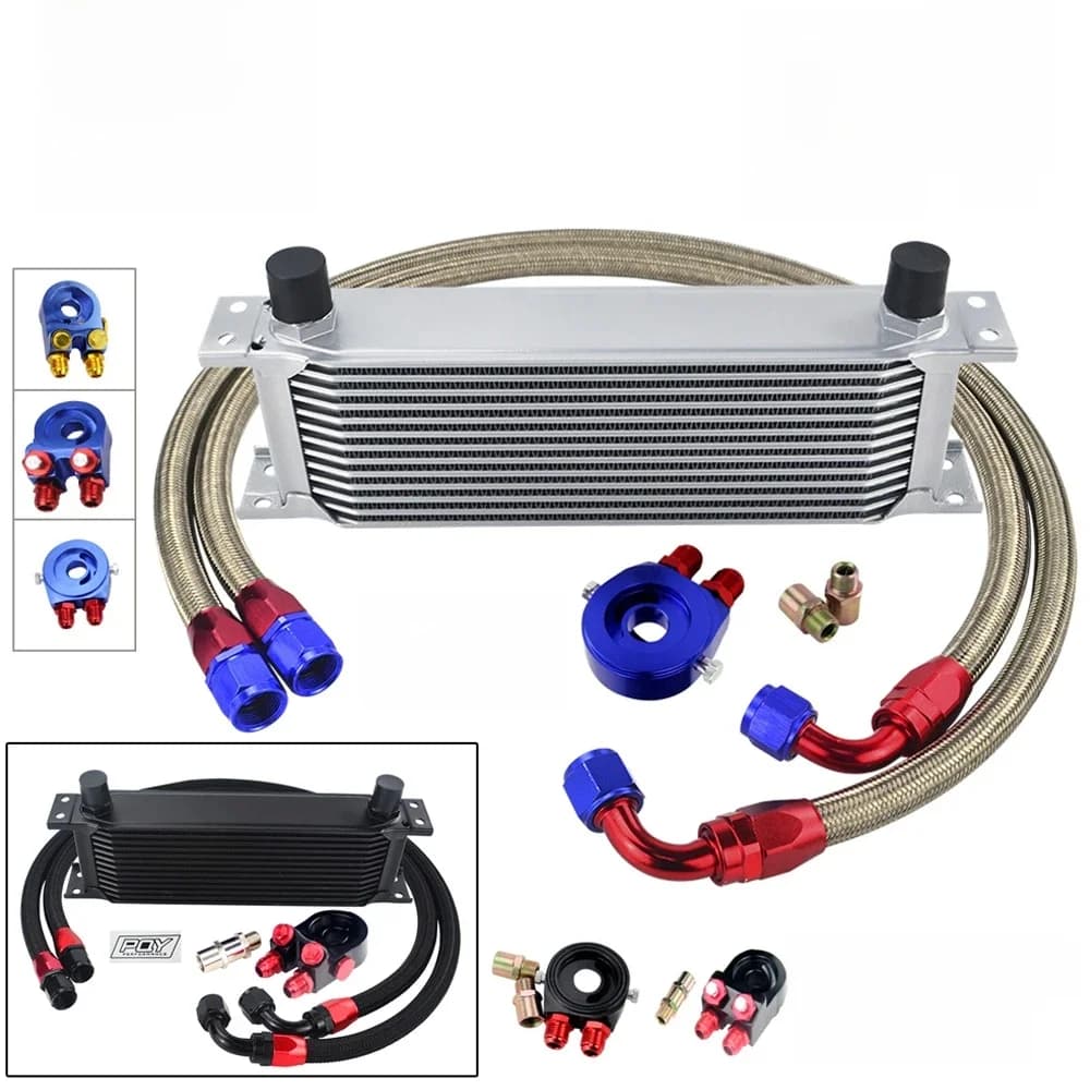 Adaptateur de SANDWICH universel | KIT de refroidisseur d'huile à 13 rangées + tuyau tressé en acier inoxydable et NYLON avec autocollant + boîte d'an10