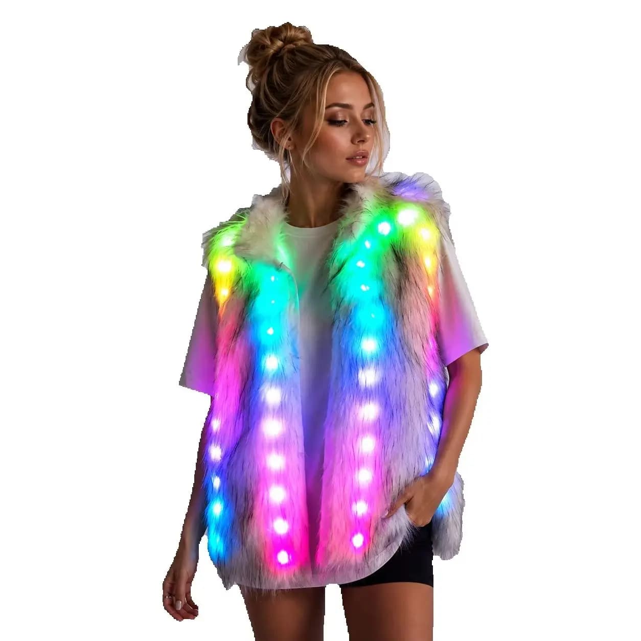Manteau en fausse fourrure lumineux à LED avec télécommande, veste lumineuse pour fêtes et festivals