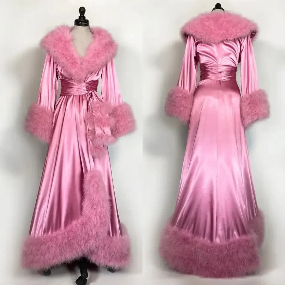 Peignoir de bain en soie rose pour femmes, robes de soirée, plumes élastiques, pyjamas, vêtements de nuit, Lingerie, robes d'occasion pour femmes