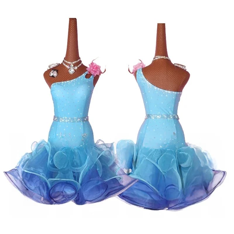 Nouvelle robe de danse latine, compétition, Performance, robe de danse jupe bleue lac pour enfants adultes
