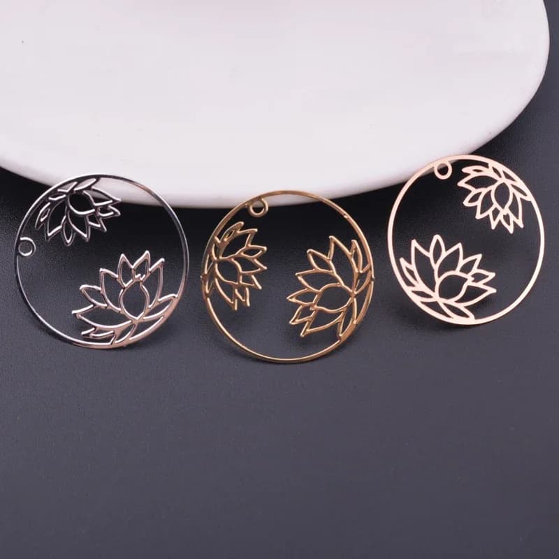 6 pièces de breloques Lotus rondes de couleur or Rose 27mm pendentif fin boucles d'oreilles plaquées argent résultats