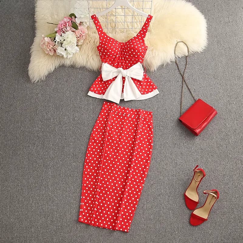 ALPHALMODA Ensemble 2 pièces mode pour femme : Haut ajusté à volants et nœuds décoratifs + Jupe crayon fendue au dos