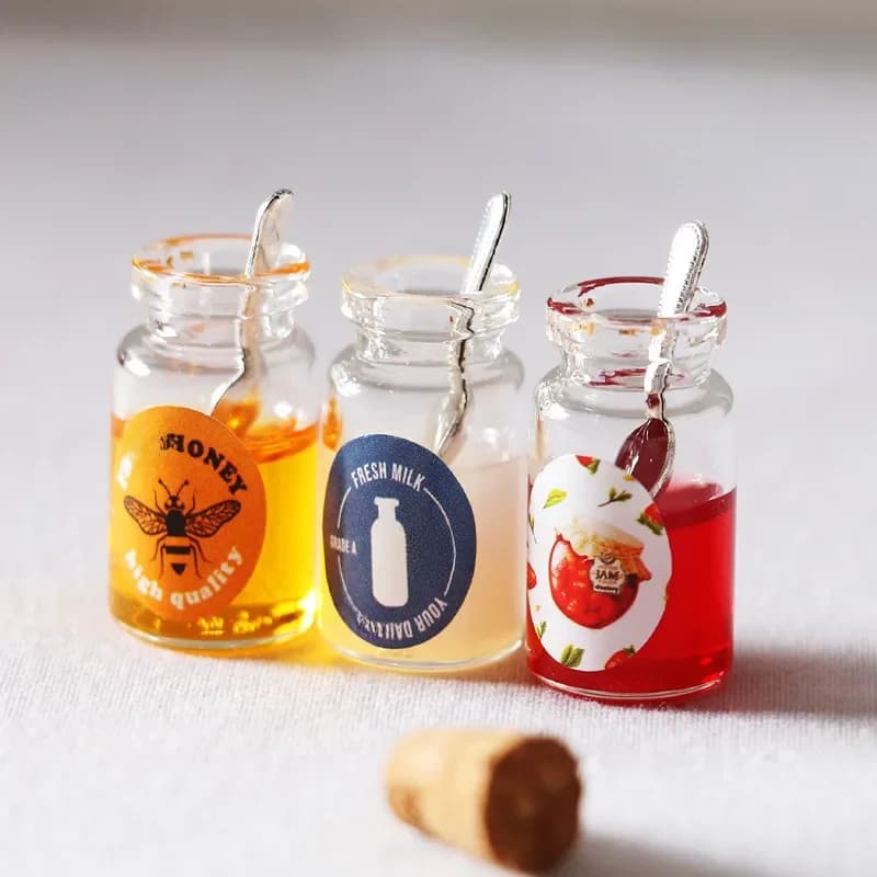 Bouteille de confiture de fruits miniatures 2 pièces/ensemble 1:12, miel d'abeille, nourriture de simulation pour maison de poupée, accessoires de jeu de cuisine, nouveau