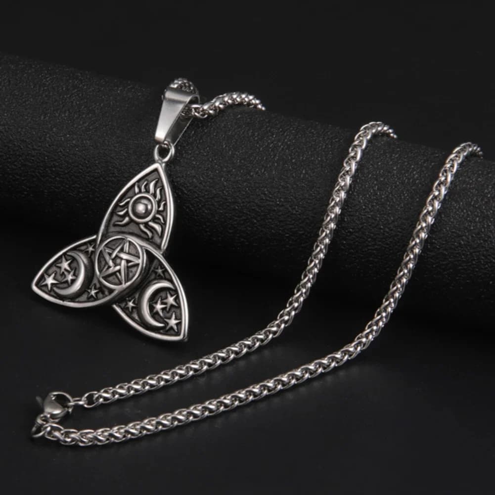Viking Wicca Sun Star Moon Pendentif Colliers pour Hommes et Femmes, Acier Inoxydable, Triple Lune, Déesse, Triquetra, Pentacle, Bijoux