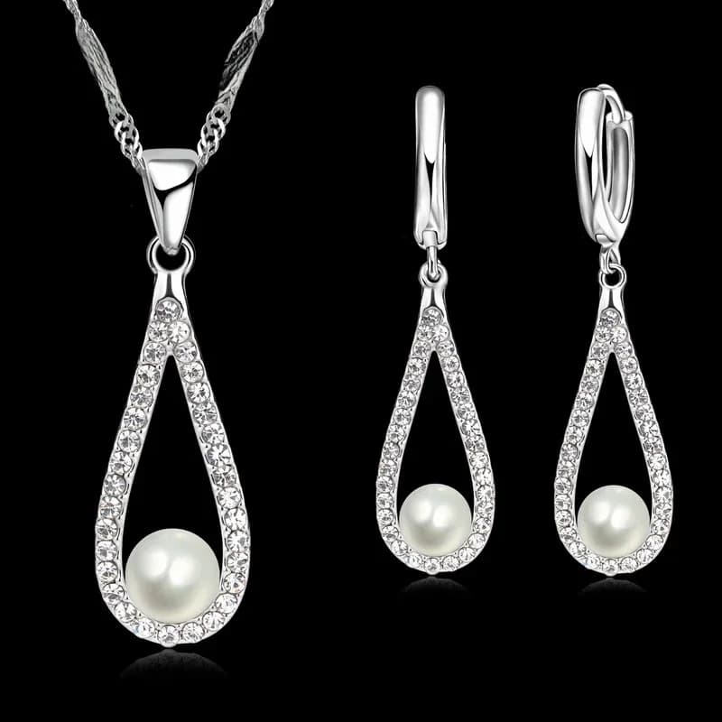 Pur 925 argent Sterling brillant CZ cristal goutte d'eau perle colliers pendentif chaîne boucles d'oreilles femme Fine mariage ensemble de bijoux cadeau
