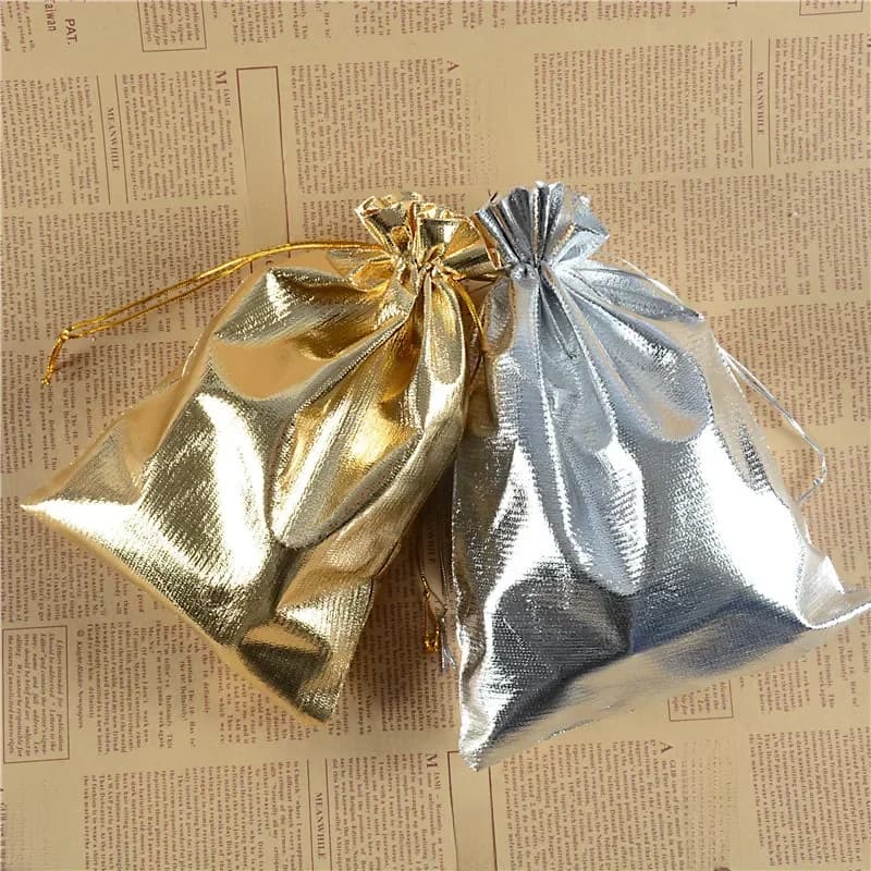 Sacs cadeaux couleur or argent, 10 pièces, 9 tailles (5*7-20*30cm), pochette en Organza détachable, cadeau de noël et de mariage, bijoux artisanaux, sacs à bonbons