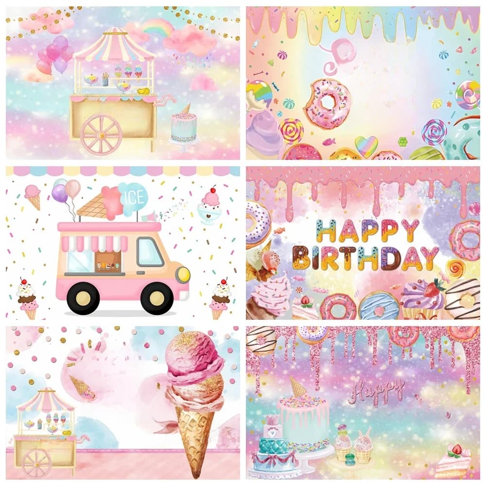 Bar à bonbons, arrière-plan pour réception-cadeau pour bébé, anniversaire, crème glacée, voiture, beignets, sucette, arrière-plan pour Photo de fête, décor de Table à gâteau, accessoires de