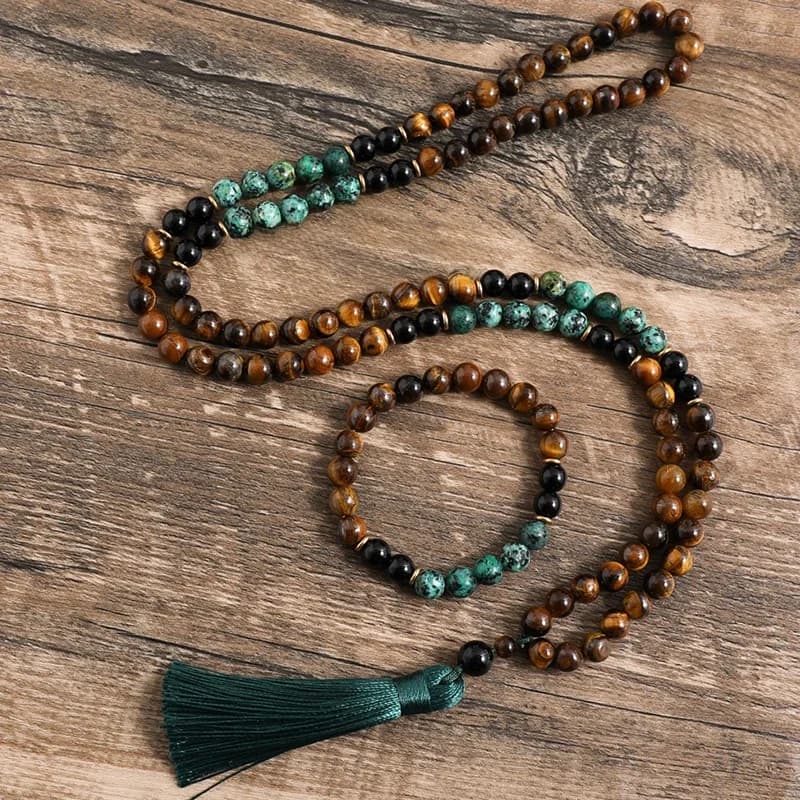 Collier Mala 108 Perles avec Pompon, en Œil de Tigre Jaune 8mm, Turquoise Africaine, Onyx Noir, Japamala, pour Méditation, Yoga et Bijoux Spirituels
