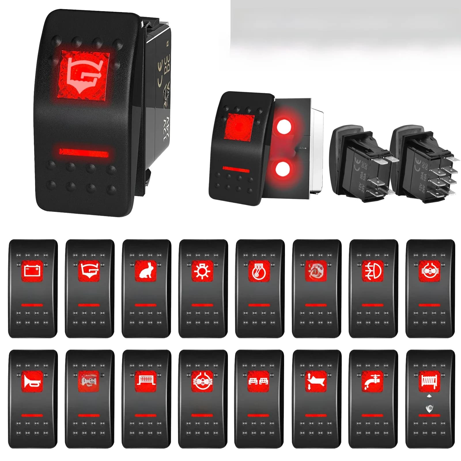 Interrupteurs à bascule étanches 12V 24V pour voiture et bateau, avec double voyant LED rouge, 5P SPST, pour ARB, marine, VR, 4x4, caravane