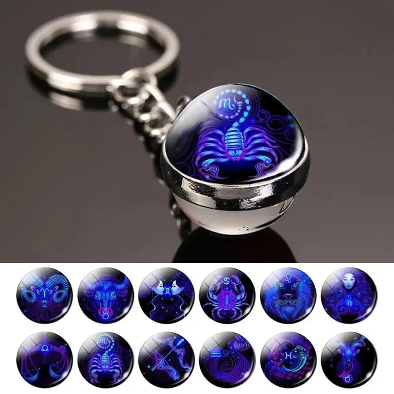 Porte-clés créatif 12 Constellation, pierre de temps, boule de verre Double face, pendentif en métal, accessoires, cadeau à la mode