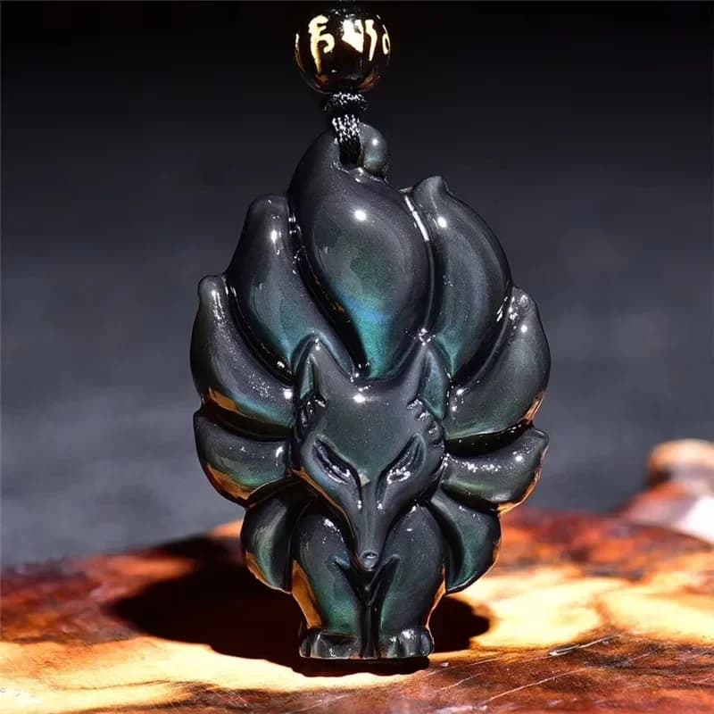 Pendentif en obsidienne naturelle sculptée à la main pour hommes et femmes, œil arc-en-ciel chinois, renard à neuf queues, bijoux fantaisie, collier, cadeau populaire