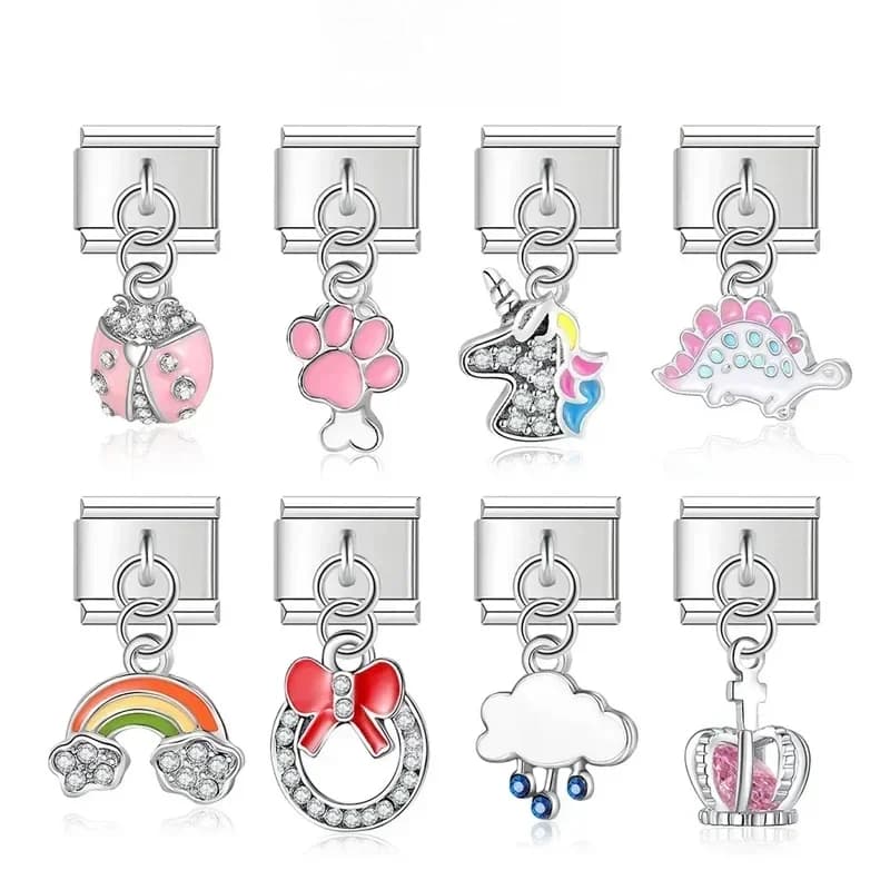 Hapiship Original marguerite couronne arc-en-ciel licorne dinosaure breloque italienne ajustement 9mm Bracelet en acier inoxydable fabrication de bijoux DJTop23
