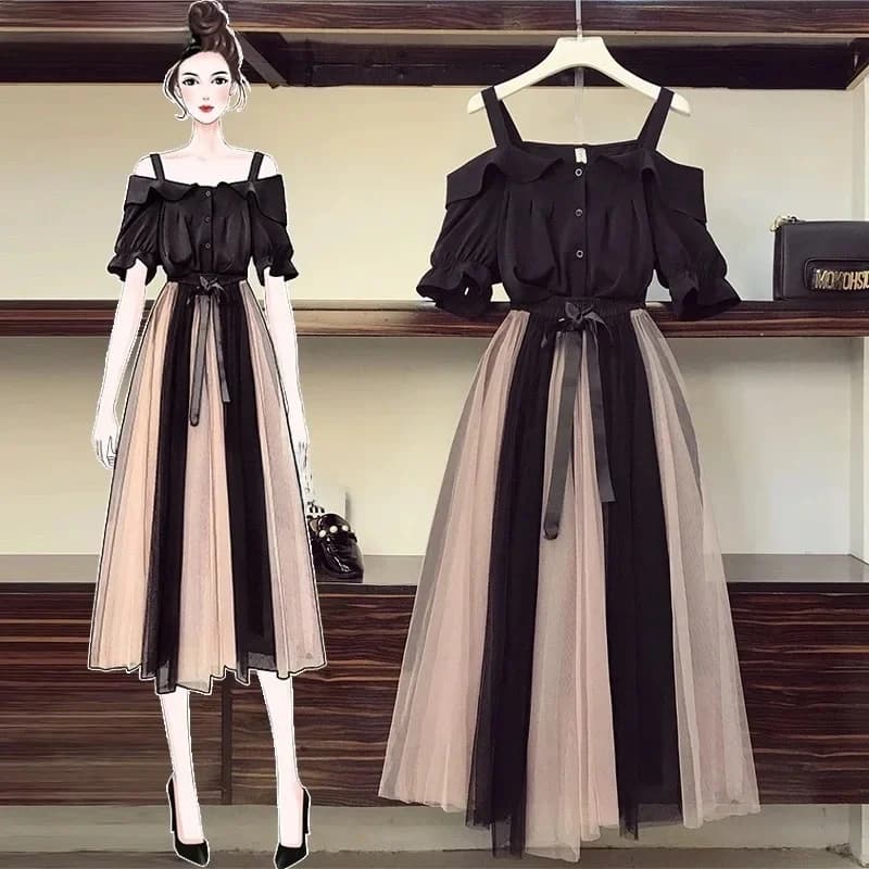 Ensemble chemise et jupe noires à manches évasées pour femmes, vêtements d'été, mode, Slash Neck, coréen, filles douces, couches, maille, nœud papillon