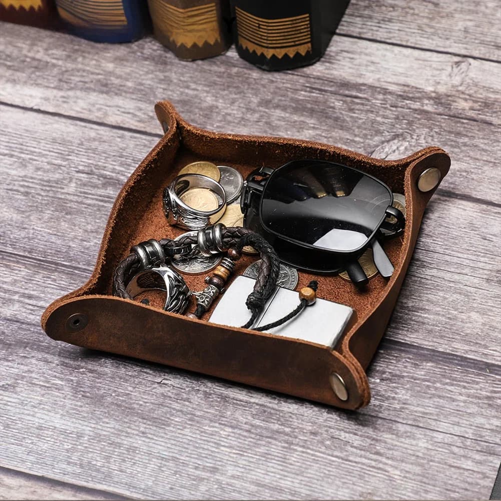 Plateau à pression créatif en cuir véritable, organisateur de bureau Ofiice à domicile, bijoux stylo clé pièce de monnaie plateau de rangement de bureau pliant