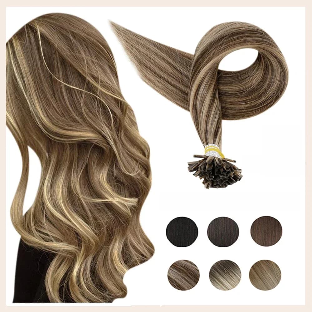 Full Shine-Extensions de pointes d'ongles, cheveux humains pré-collés, document de balayage, perles de colle KerBrian, pointe en U, cheveux Remy fabriqués à la machine, 40-50g