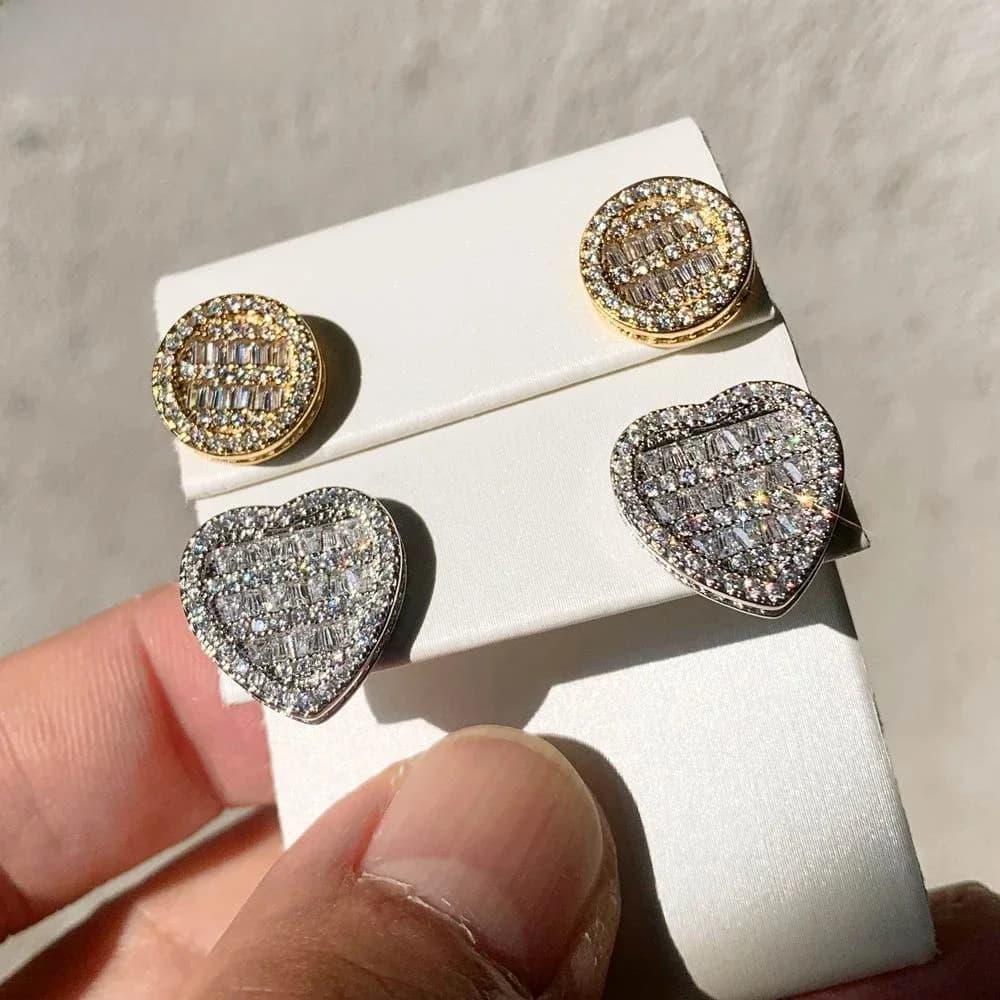 Iced Out Bling Micro Pave CZ pour hommes et femmes, 5A Cubic Coina contre-indiqué, boucle d'oreille ronde en forme de cœur, vis arrière, bijoux Hip Hop, nouveau