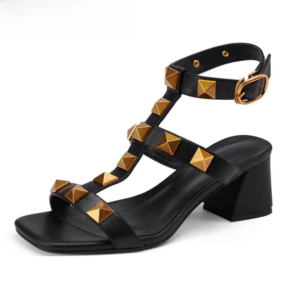 MILI-MIYA mode Rivet Design femmes sandales en cuir de vache talons carrés rinçage roundstrucStrap rond Parker chaussures d'été à la main