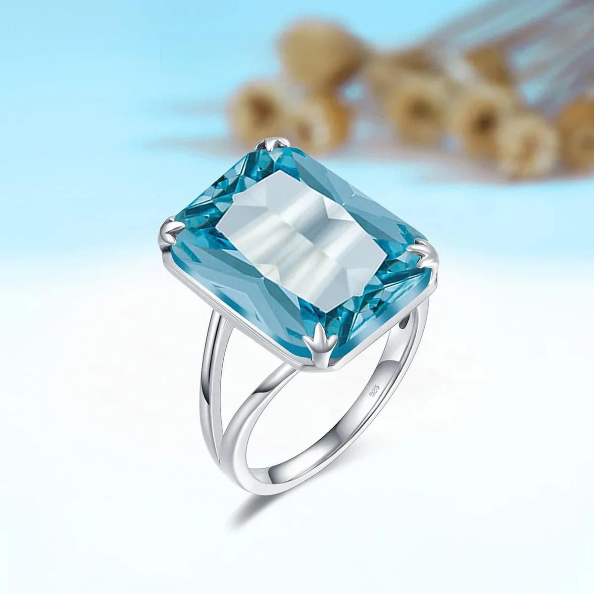 Bague en argent Sterling 925 véritable pour femmes, aigue-marine, plaqué or blanc, cadeau de Banquet, de fête d'anniversaire, bijoux fins féminins