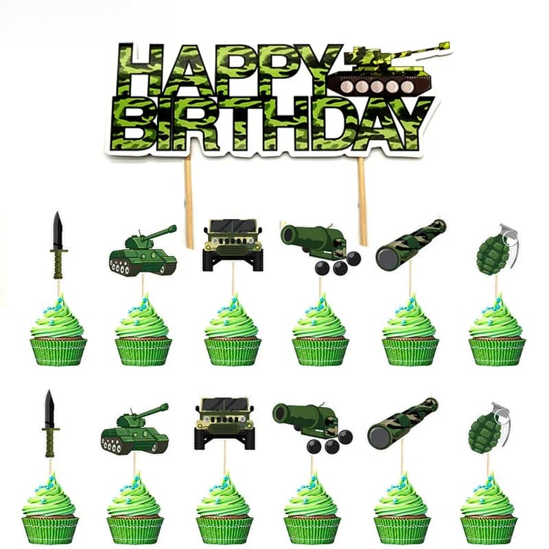 Décorations de fête d'anniversaire sur le thème de l'armée, décorations de gâteau camouflage, décorations de cupcakes camouflage (tank, avion), fournitures de fête militaire pour soldats.