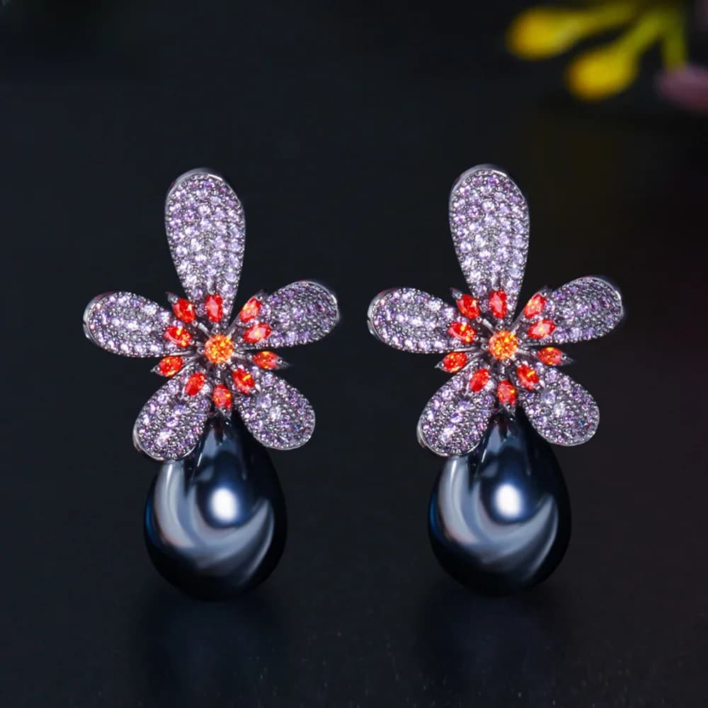 Pera – boucles d'oreilles en Zircon cubique pour petite amie E726, magnifique, grande étamine rouge violette, Dangle brésilien, perle noire, bijoux d'anniversaire, cadeau pour petite amie