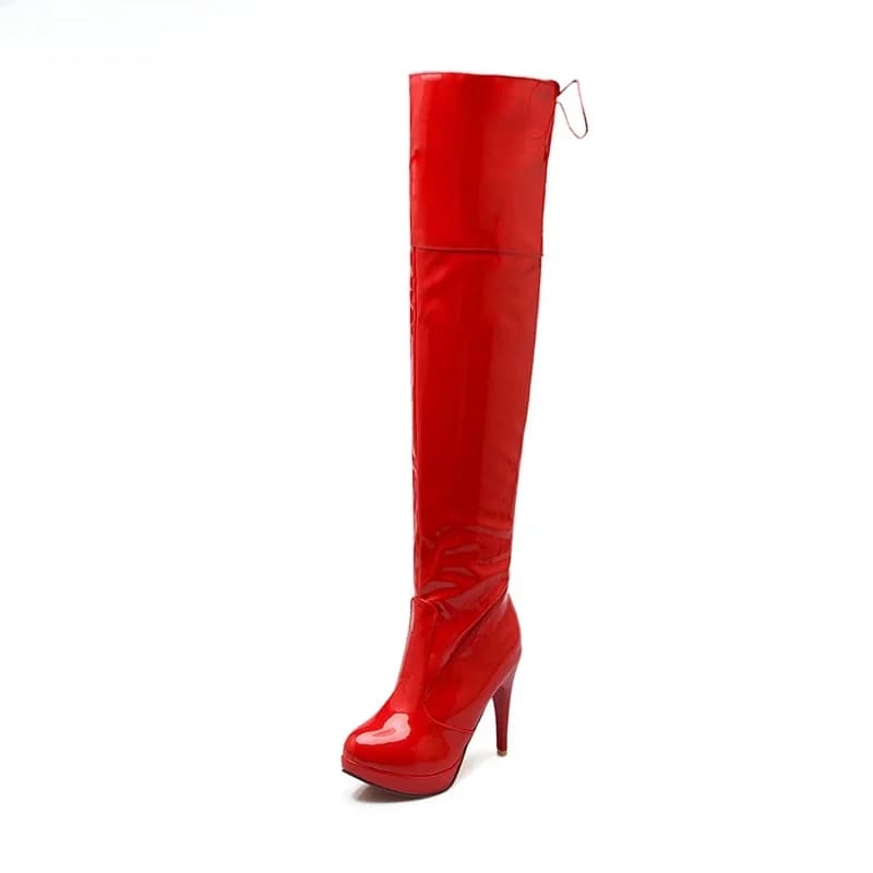 REAVE AY-Cuissardes sexy en cuir verni et velours, cuissardes rondes à lacets, plateforme 11cm, talon fin, US12, blanc, rouge, A4348, 2021