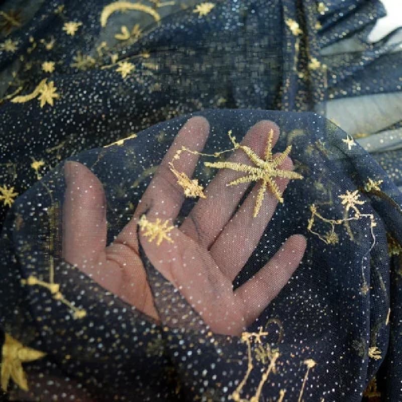 Tissu en Tulle et maille brodée à paillettes, lune céleste, étoile, dentelle pour coudre une robe, mariage, bal, noir, blanc, bleu, au mètre