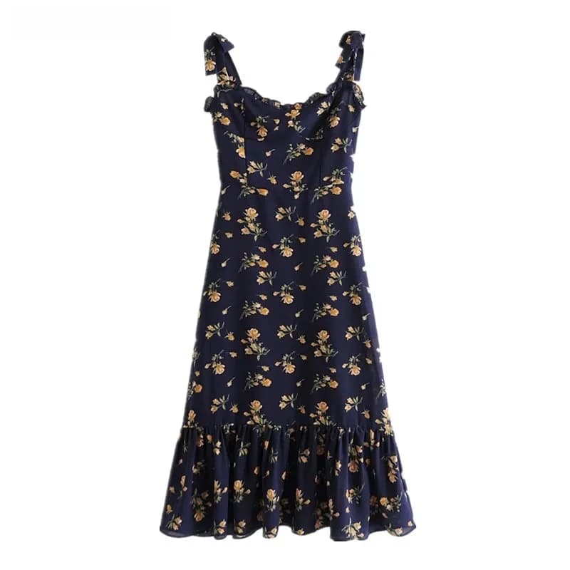 Robe mi-longue vintage à imprimé floral français pour femmes, robes à bretelles spaghetti, ourlet à volants, bandage rétro, nœud papillon, vacances