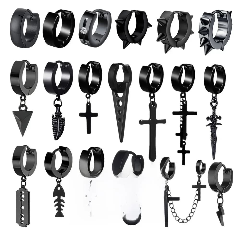Boucles d'oreilles créoles noires Punk en acier inoxydable pour femmes et hommes, petits pendentifs de croix ronds à la mode, accessoires de bijoux, cadeaux, nouvelle collection 2021