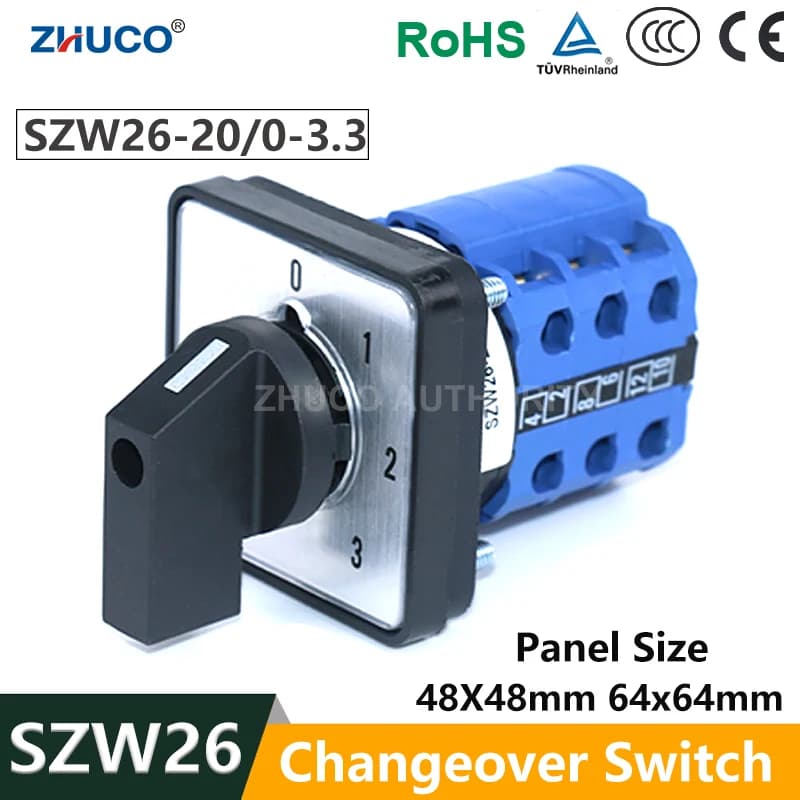 ZHUCO SZW26/LW26-20 Ui 660V 0-1-2-3 commutateur triphasé sélecteur 4 positions 64X64 48X48mm interrupteur à came à montage sur panneau