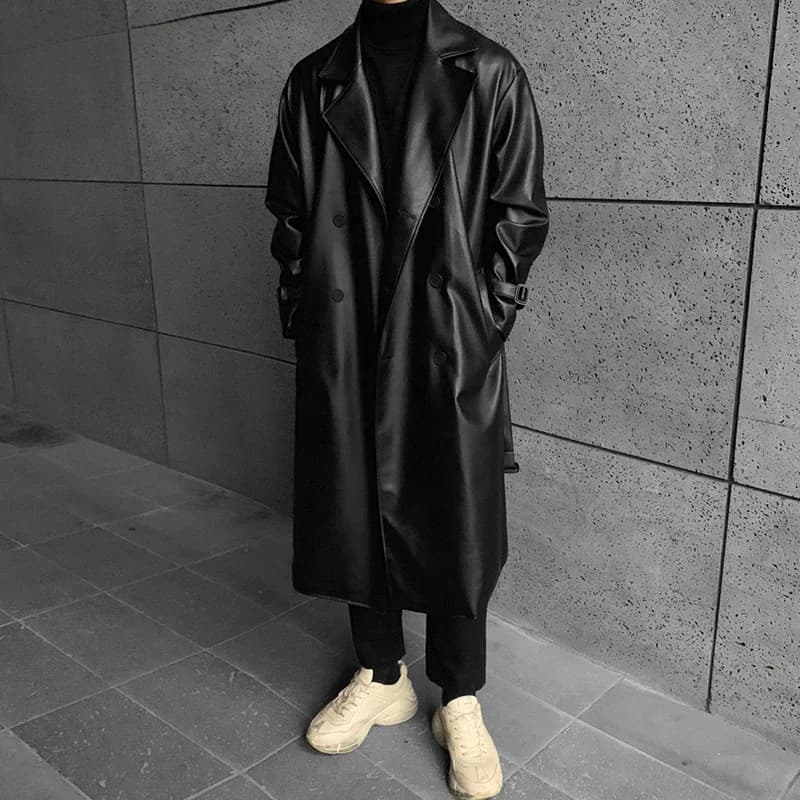 Mauroicardi printemps automne Long noir surdimensionné Faux cuir Trench manteau hommes 2022 goutte épaule ceinture Faux cuir manteaux pour hommes