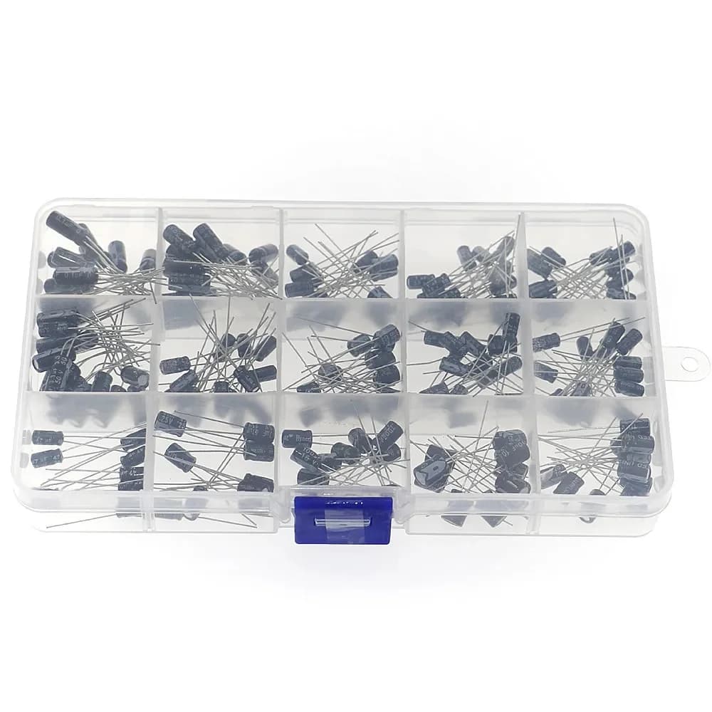 Kit de boîte d'assortiment de condensateurs électrolytiques, 200 pièces, 0.1-220uF, 15 valeurs