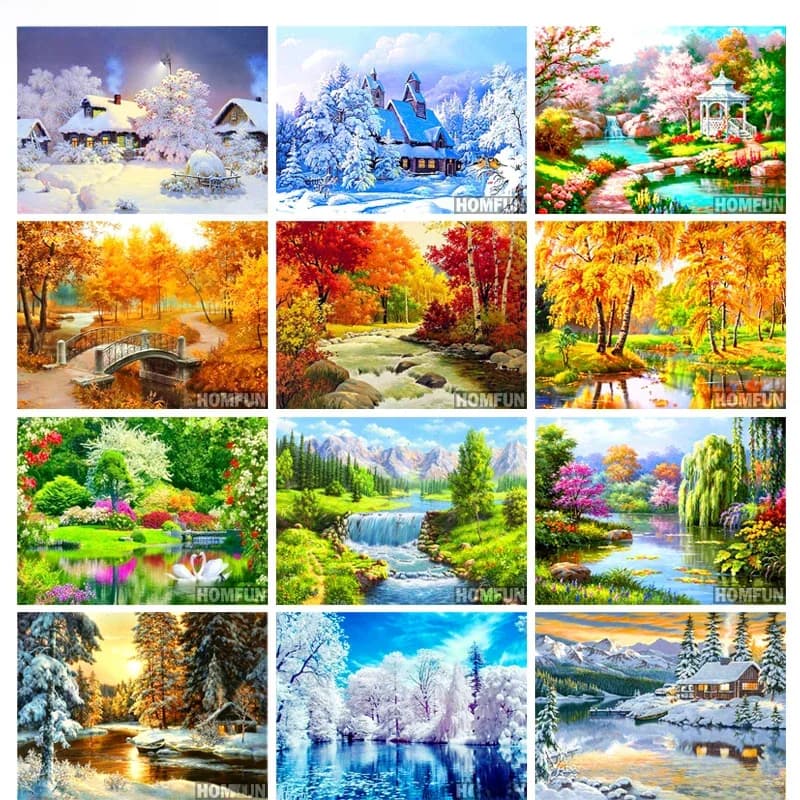 HOMFUN – peinture diamant thème "Scenic Spring Winter", broderie complète 5D, perles carrées ou rondes, points de croix, à faire soi-même