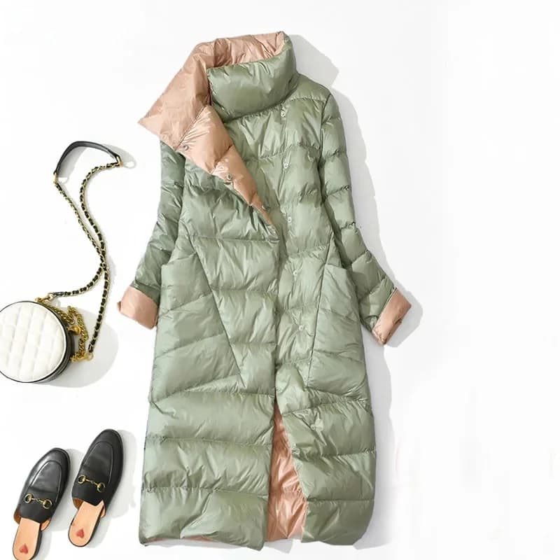 Manteau Double face en duvet de canard blanc clair pour femme, veste longue à carreaux, simple boutonnage, chaud, Parka, automne hiver 2021