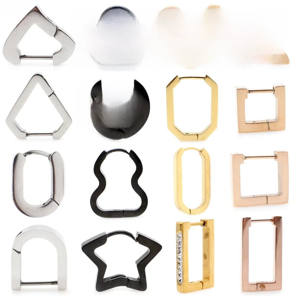 Alisouy Lot de 2 Boucles d'oreilles créoles unisexe en acier inoxydable avec zircone cubique, motifs Triangle, Carré, Cœur, Étoile, Ovale, Bijoux de piercing