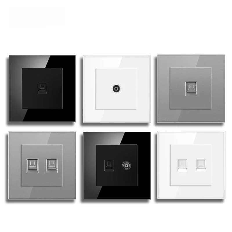 Prise murale Cat6 rj45, prise réseau avec données murales TV, double prise téléphonique, panneau en verre de cristal, prise réseau rj45, ordinateur