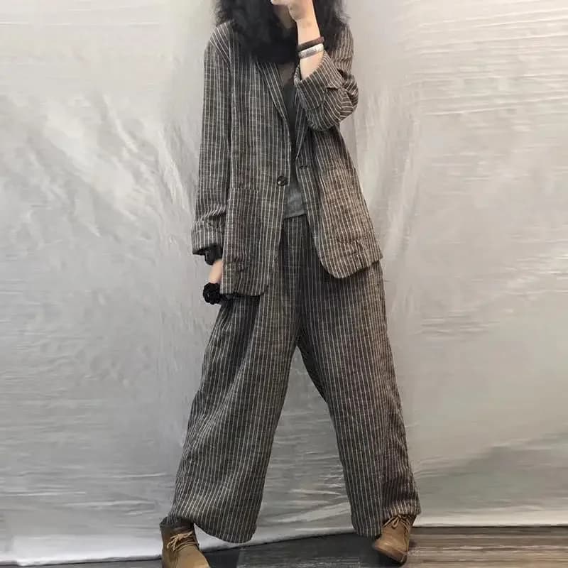 Ensemble tailleur décontracté femme grande taille printemps-automne 2026 – Style rétro artistique, coupe ample, 2 pièces : blazer et pantalon en lin