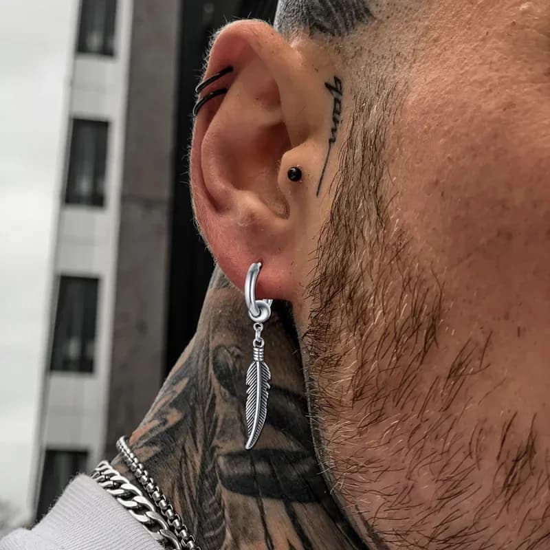 Délicat pour hommes, boucles d'oreilles en plumes, boucles d'oreilles de déclaration, bijoux Hipster, acier inoxydable, boucles d'oreilles créoles