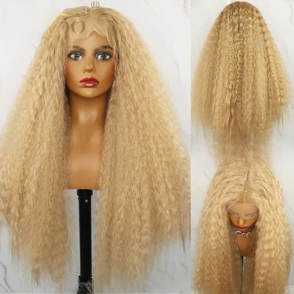 YYsoo-Perruque Synthétique Longue Sans Colle, Blonde 103, Crépue, Lisse Futura, T-part, Haute Densité, Degré de Chaleur, Yaki, pour Femme Noire