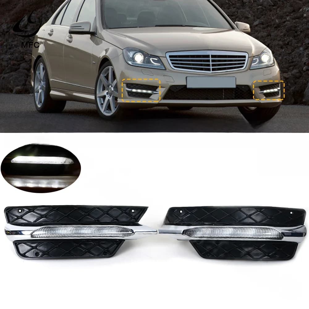 PMFC Grilles de pare-chocs avant moulage LED antibrouillard feux de jour antibrouillard pour mercedes-benz W204 classe C 2012 2013 2014